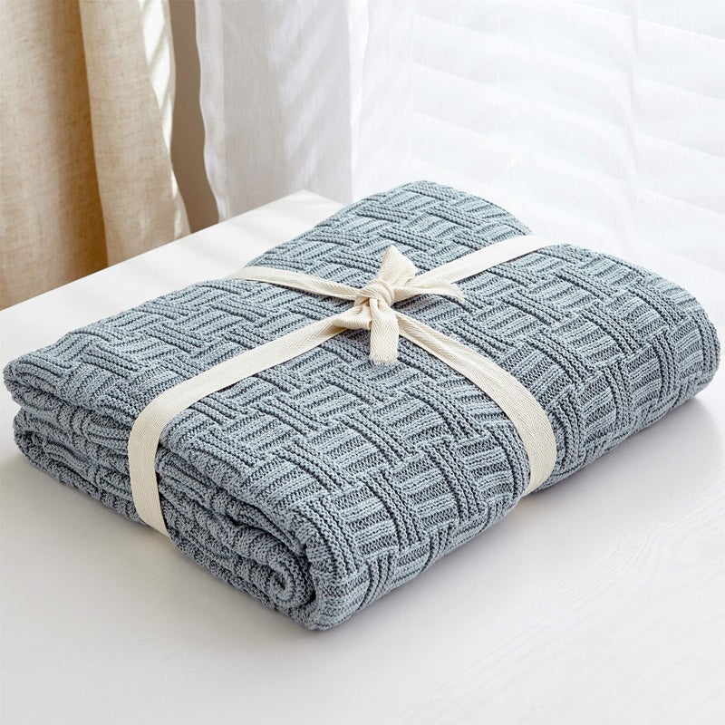 Longhui bedding Large Grey Blue Cotton Knit Throw Blanket for Couch Sofa Bed - Home Decorative Soft Cozy Sweater Woven Fall Cable Knitted Blankets - Blue Gray 3.4 pounds 60 x 80 Inch - Image 2
